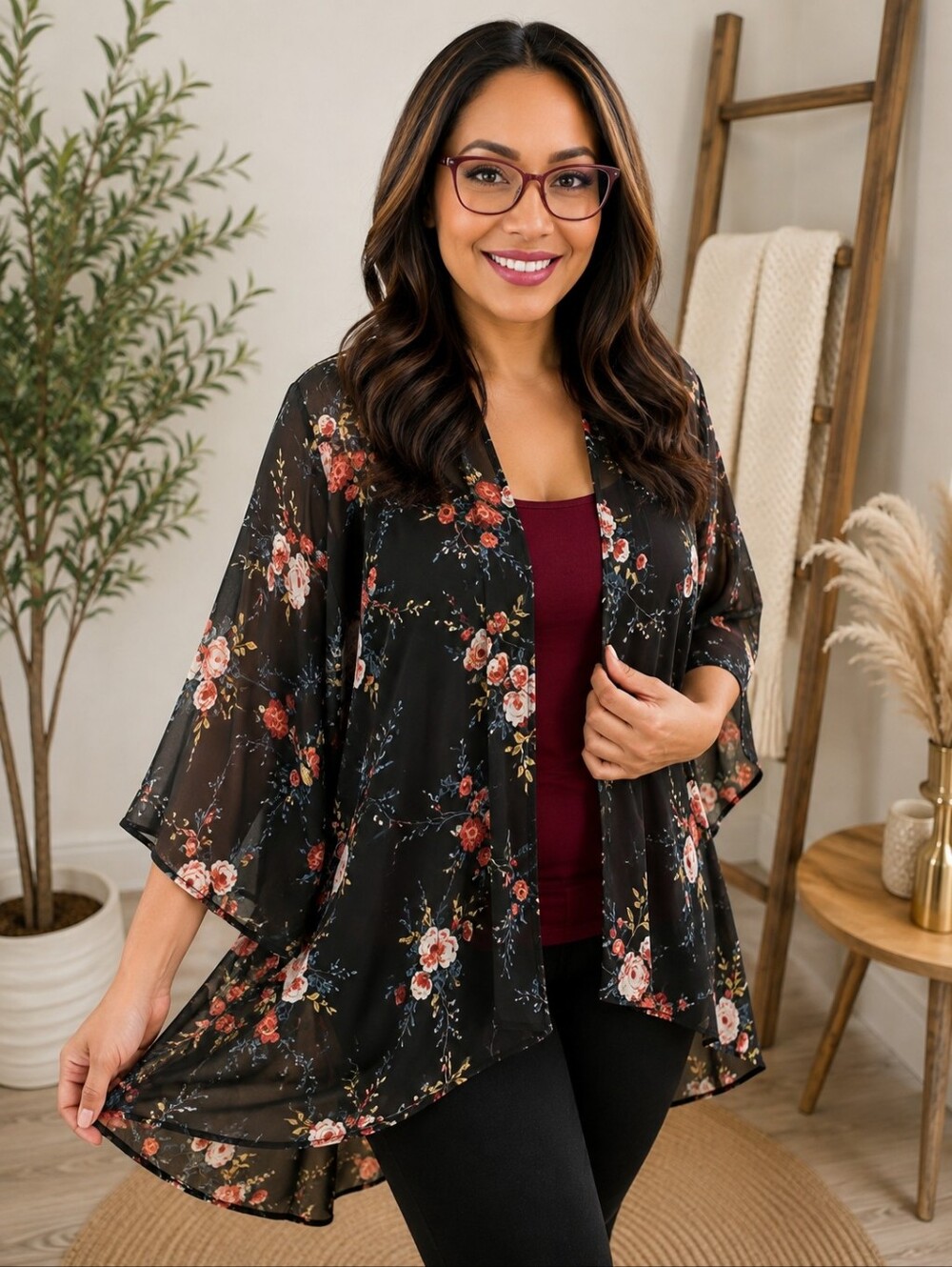 Torrid Black Floral Chiffon Kimono 1X/2X Open Front Bell Sleeve